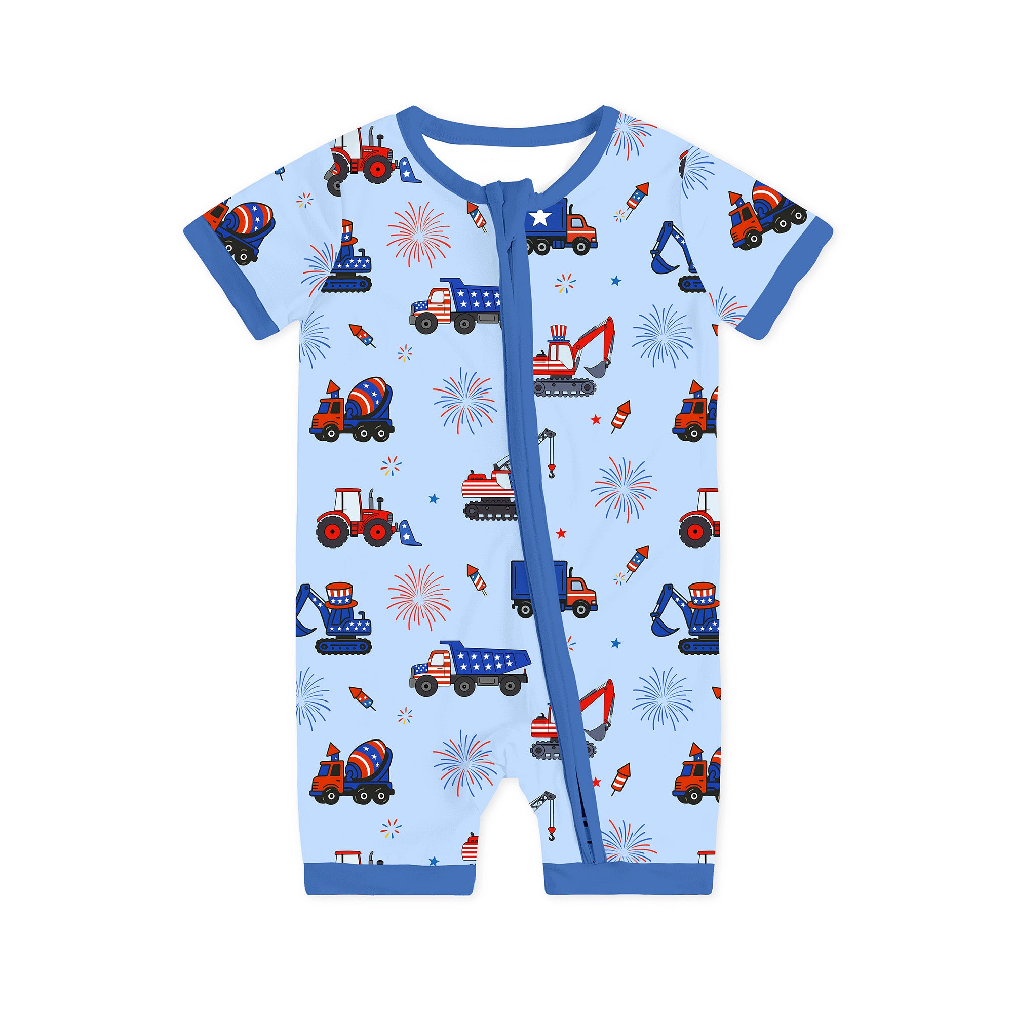 4th of July Stars Truck and Fireworks Blue Short Bamboo Zippy Baby