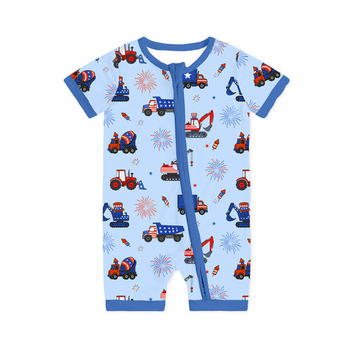 4th of July Stars Truck and Fireworks Blue Short Bamboo Zippy Baby Romper