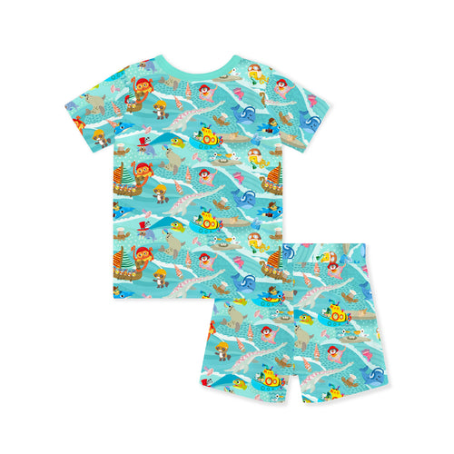 Ocean Sailboat and Sea Animal Parade Kids Bamboo Two-Piece Pajama Short Sleeve Set