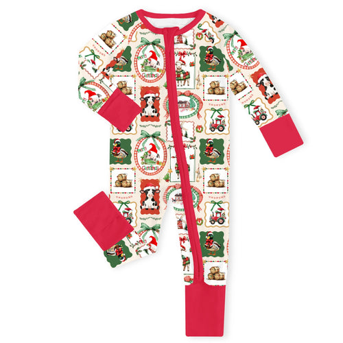 Christmas Farm Animal Bamboo Zipper Romper Pajamas