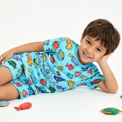 Blue Ocean Fish Frenzy Bamboo Two-Piece Pajama Short Sleeve Set