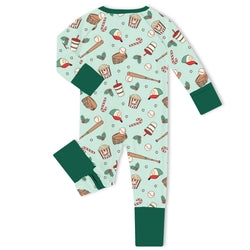 Christmas Baseball Holiday Green Bamboo Zipper Romper Pajamas