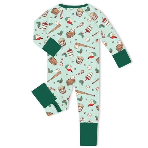 Christmas Baseball Holiday Green Bamboo Zipper Romper Pajamas