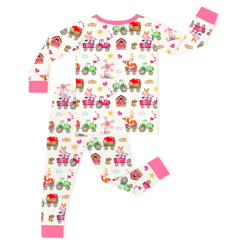 Valentine Farm Adventure Ride and Hearts Pink Kids Bamboo Two-Piece Pajama Set