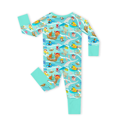 Ocean Sailboat and Sea Animal Parade Bamboo Zipper Romper Pajamas