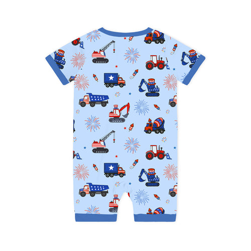 4th of July Stars Truck and Fireworks Blue Short Bamboo Zippy Baby Romper
