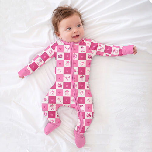 Christmas Cowgirl Checkerboard Bamboo Zipper Romper Pajamas