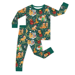Christmas Safari Lion and Friends on Forest Green Kids Bamboo Two-Piece Pajama Set
