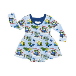 Christmas Blue Car Farm Long Sleeve Twirl Dress With Bodysuit