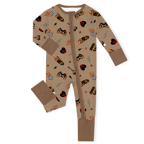 Rad Skater & Game Brown Bamboo Zipper Romper Pajamas