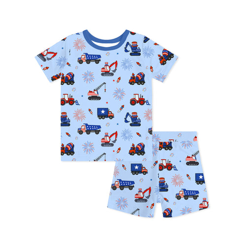 4th of July Stars Truck and Fireworks Blue Bamboo Two-Piece Pajama Short Sleeve Set