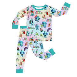 Christmas Blue Monster Friends on Aqua Kids Bamboo Two-Piece Pajama Set