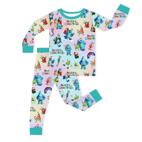 Christmas Blue Monster Friends on Aqua Kids Bamboo Two-Piece Pajama Set
