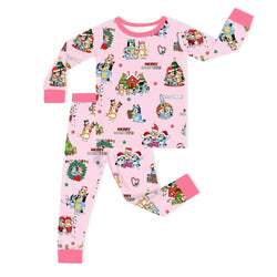 Christmas Dog Friends and Trees Gifts on Pink Kids Bamboo Two-Piece Pajama Set