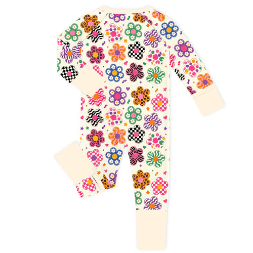 Groovy Daisy Power Cream Bamboo Zipper Romper Pajamas