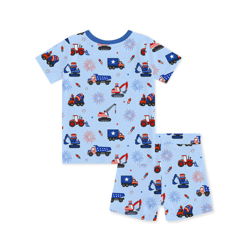 4th of July Stars Truck and Fireworks Blue Bamboo Two-Piece Pajama Short Sleeve Set