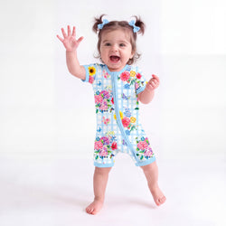 Gingham Garden Bouquet Baby Bamboo Short Zipper Romper Pajamas