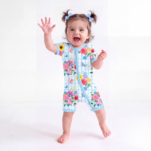 Gingham Garden Bouquet Baby Bamboo Short Zipper Romper Pajamas