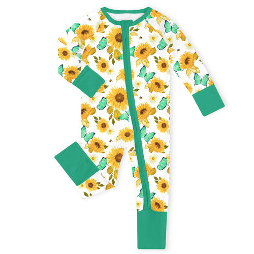 Sunflower Bloom Green Bamboo Zipper Romper Pajamas
