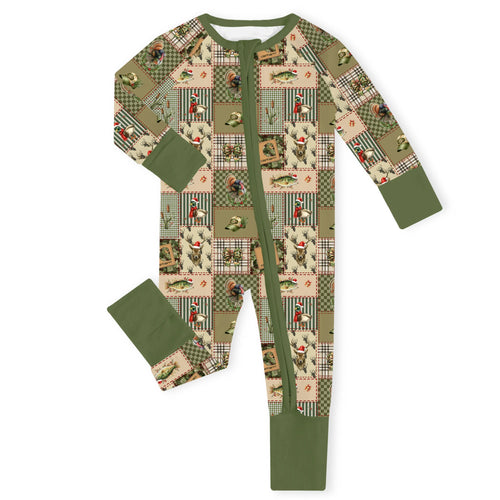 Christmas Cabin Patchwork Bamboo Zipper Romper Pajamas