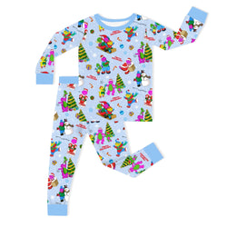 Christmas Pink Dino and Friends on Blue Kids Bamboo Two-Piece Pajama Set