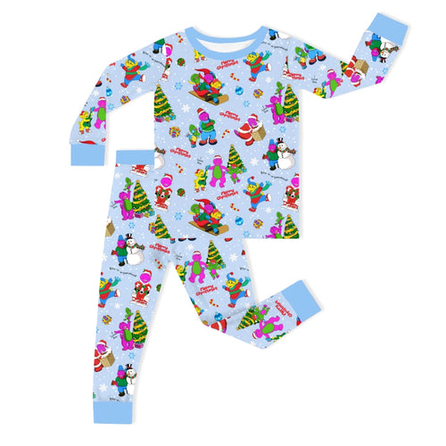 Christmas Pink Dino and Friends on Blue Kids Bamboo Two-Piece Pajama Set