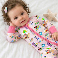 Seaside Surf Pup on Sunny Beach Pink Bamboo Zipper Romper Pajamas