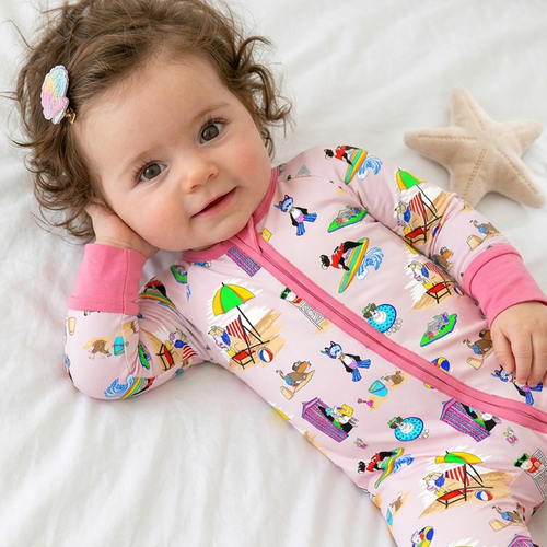 Seaside Surf Pup on Sunny Beach Pink Bamboo Zipper Romper Pajamas
