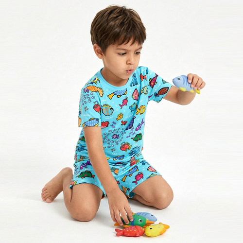 Blue Ocean Fish Frenzy Bamboo Two-Piece Pajama Short Sleeve Set