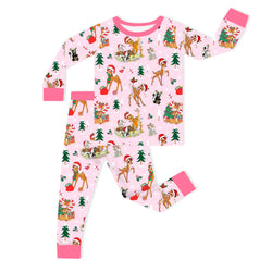 Christmas Pink Deer and Woodland Pals Kids Bamboo Two-Piece Pajama Set