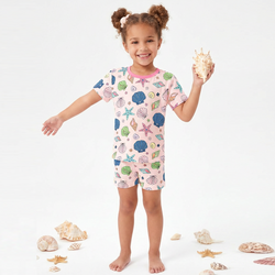Colorful Ocean Shells and Stars Playtime Pink Kids Bamboo Two-Piece Pajama Short Sleeve Set
