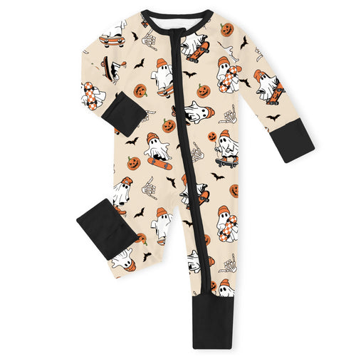 Halloween Skateboard Ghost Bamboo Zipper Romper Pajamas