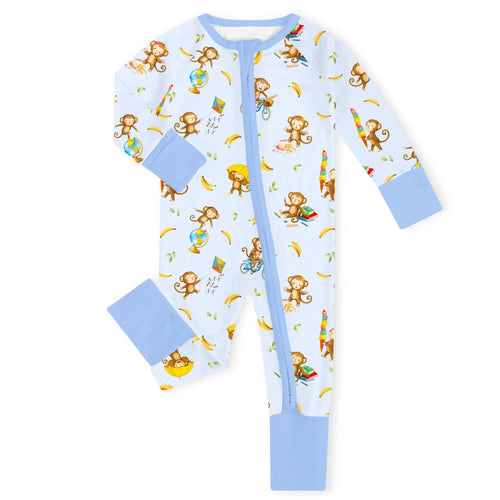 Curious Monkey Playtime Blue Bamboo Zipper Romper Pajamas