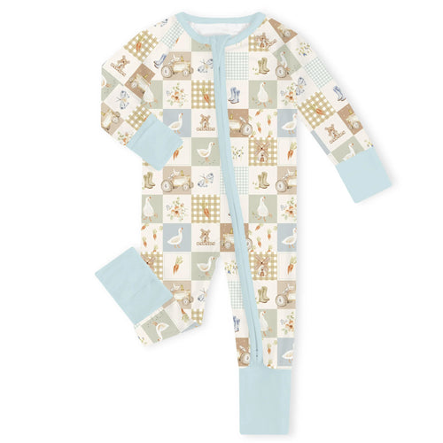 Farmhouse Patchwork Blue Bamboo Zipper Romper Pajamas