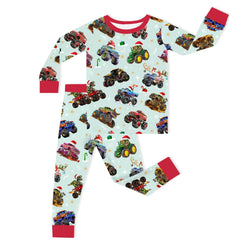Christmas Colorful Truck Ride Game on Red Kids Bamboo Two-Piece Pajama Set