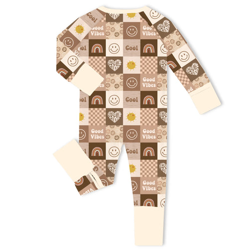 Retro Good Vibes Checkerboard Cream Bamboo Zipper Romper Pajamas
