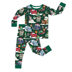Christmas Car Snow Forest Green Kids Bamboo Two-Piece Pajama Set