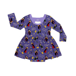 Halloween Witch Sisters Spell Long Sleeve Purple Twirl Dress With Bodysuit