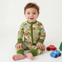 Summer Forest Camping Cars Bamboo Zipper Romper Pajamas