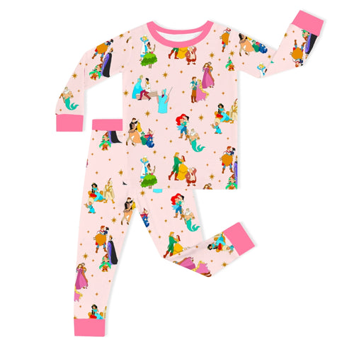 Pink Princess and Prince Stars Kids Bamboo Two-Piece Pajama Set