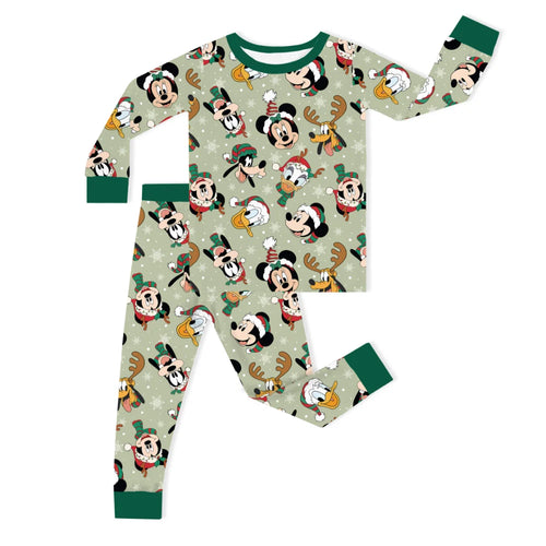Christmas Mouse and Duck Pals on Forest Green Kids Bamboo Two-Piece Pajama Set
