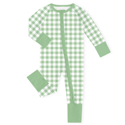 Classic Sunshine Gingham Green Bamboo Zipper Romper Pajamas