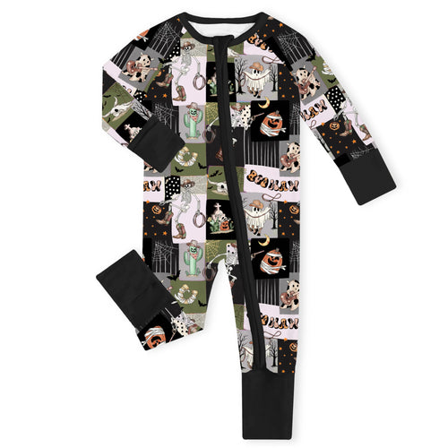 Halloween Western Cowboy Patchwork Bamboo Zipper Romper Pajamas