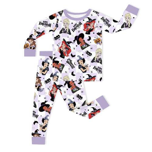 Halloween Princess Pumpkin Spider Purple Check Kids Bamboo Two-Piece Pajama Set