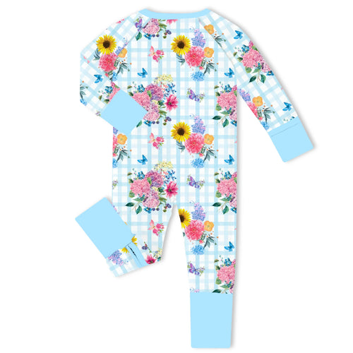Gingham Garden Bouquet Blue Bamboo Zipper Romper Pajamas