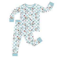 Christmas Big Face Snowman Green Checkered Kids Bamboo Two-Piece Pajama Set