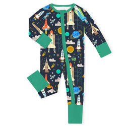 Midnight Space Explorer Rockets and Planets Green Bamboo Zipper Romper Pajamas