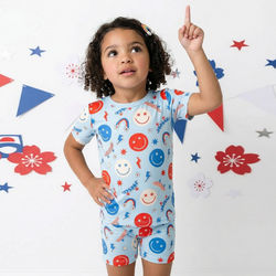 4th of July Smiley Faces and Colorful Rainbows Sky Blue Bamboo Two-Piece Pajama Short Sleeve Set