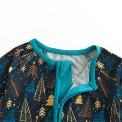 Christmas Tree Baby Bamboo Blue Zipper Romper