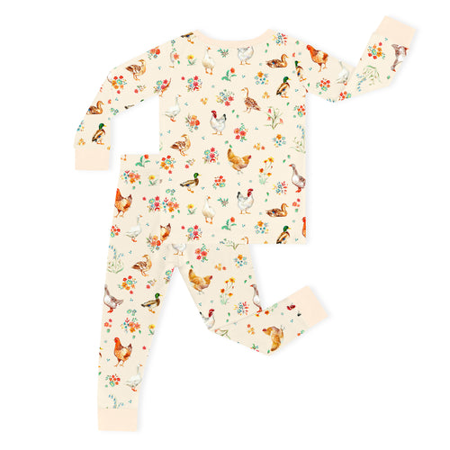 Farm Duck and Chicken in Wildflower Floral Kids Bamboo Two-Piece Pajama Set